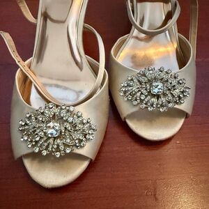 Badgley Mischka Champagne Satin Heels with Crystal Embellishments